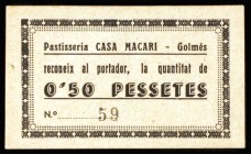 Golmés. Pastisseria Casa Macari. 50 céntimos. (AL. 3427). Cartón nº 59. Escaso. EBC.