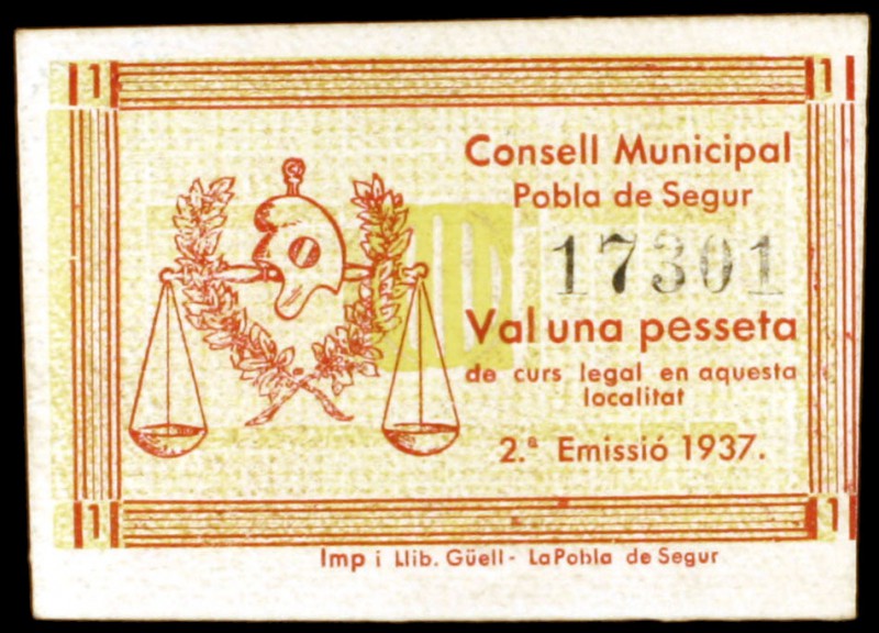 Pobla de Segur. 25, 50 céntimos, 1 (tres), 2, 5 y 10 pesetas. (T. 2216, 2217, 22...