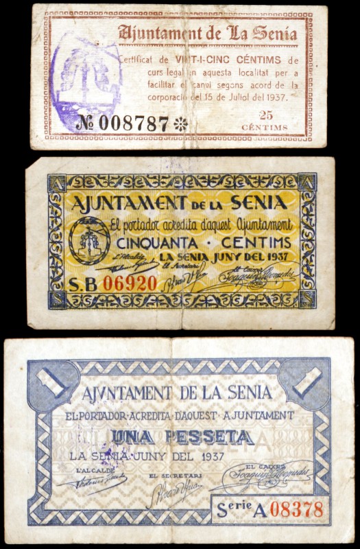 La Sénia. 25, 50 céntimos y 1 peseta. (T. 2698 a 2700). Lote de 3 billetes, una ...