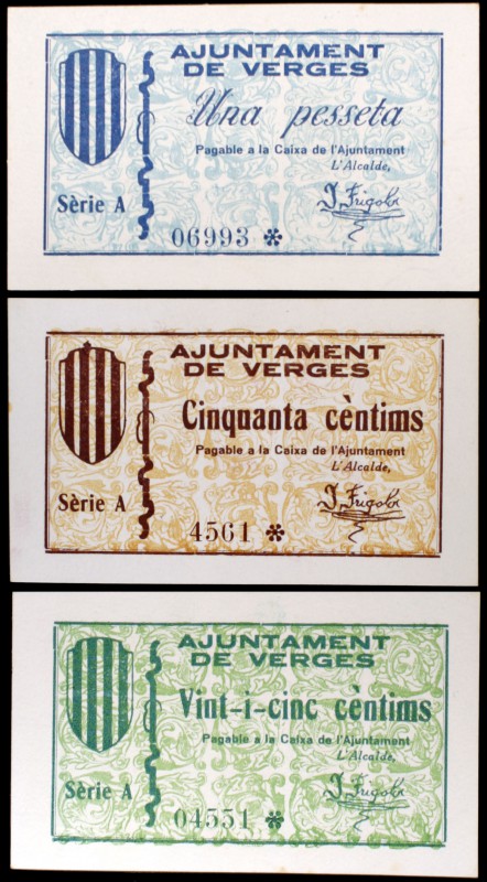 Verges. 25, 50 céntimos y 1 peseta. (T. 3149 a 3151). Lote de 3 billetes, serie ...