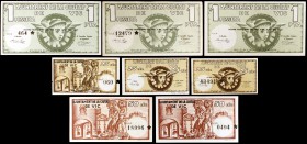 Vic (Ajuntament). 25 (tres), 50 céntimos (dos) y 1 peseta (tres). (T. 3152, 3152a, 3152c, 3153 (dos), 3154 (dos) y 3154c). Lote de 8 billetes, dos ser...