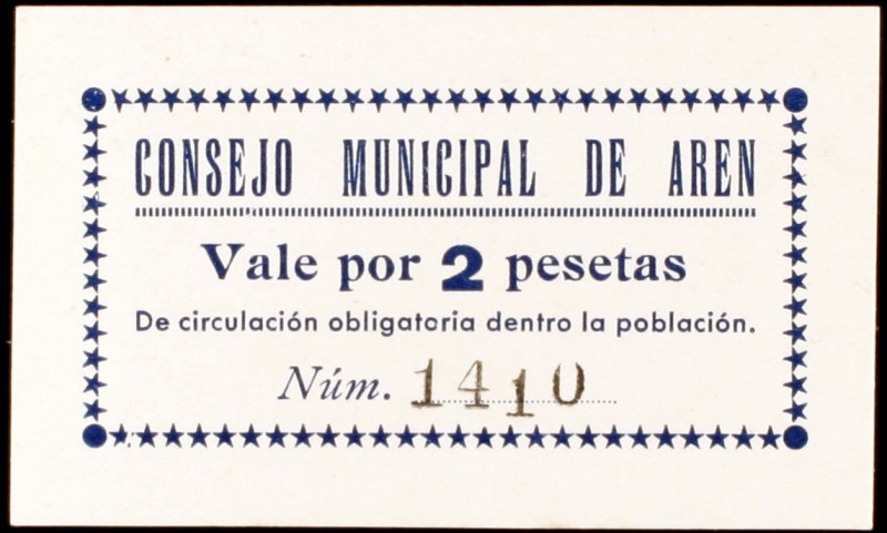 Arén (Huesca). 2 pesetas. (KG. 104). Cartón. Raro. EBC.