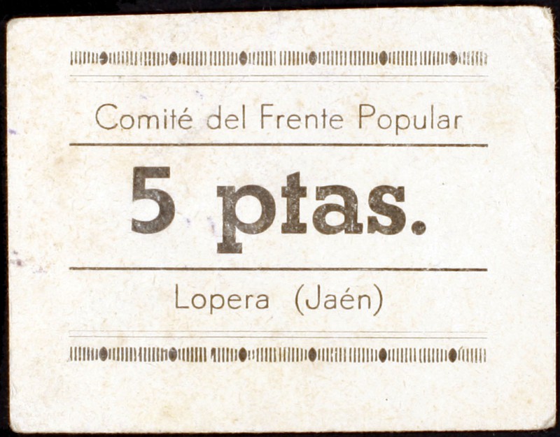 Lopera (Jaén). Comité del Frente Popular. 5 pesetas. (KG. 453). Cartón. Muy raro...