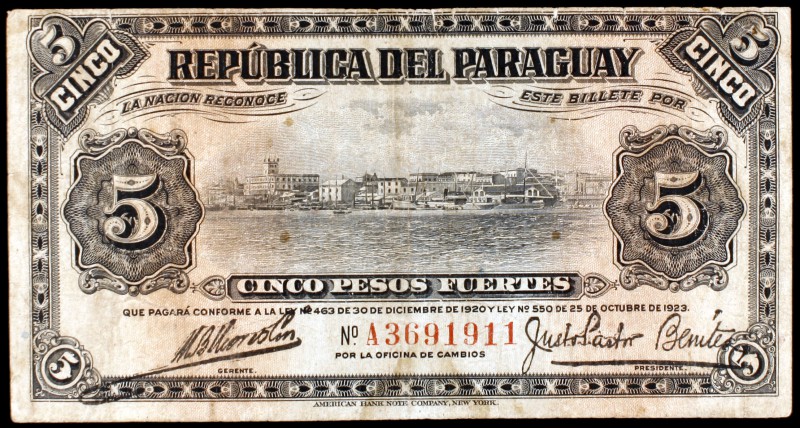 L. 1920 y 1923. Paraguay. Banco de la República. 5 pesos fuertes. (Pick 163a). M...