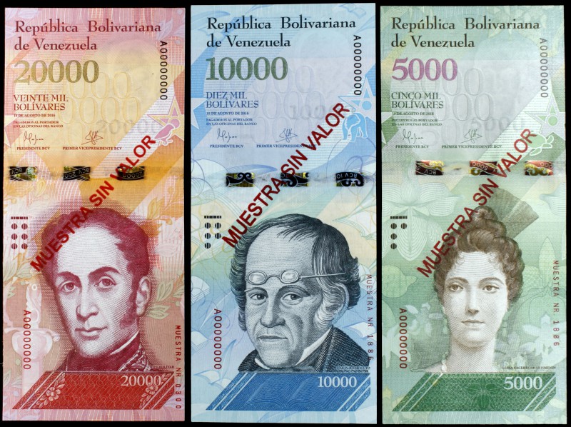2016. Venezuela. Banco Central. 5000, 10000 y 20000 bolívares. 18 de agosto. 3 b...