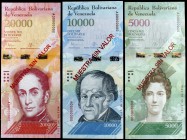 2016. Venezuela. Banco Central. 5000, 10000 y 20000 bolívares. 18 de agosto. 3 billetes, MUESTRA SIN VALOR en anverso y reverso y todos con la numerac...