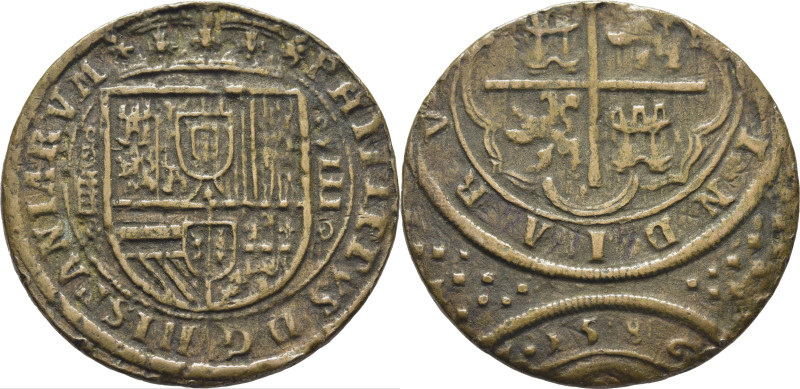 FELIPE II. 8 reales. 1586. Segovia, Ingenio. Prueba en cobre. El 6 tumbado. El r...