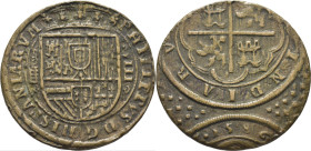 FELIPE II. 8 reales. 1586. Segovia, Ingenio. Prueba en cobre. Interesantísimo y rarísimo ejemplar