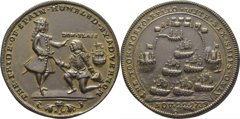 FELIPE V/Jorge V. Medalla de Vernon. 1739. Vernon y Don Blas de Lezo arrodillado...