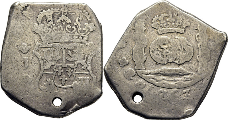 FERNANDO VI. 8 reales. Guatemala. 1753. J. Cy10576. 26´48 g. Agujero. MBC-. Esca...