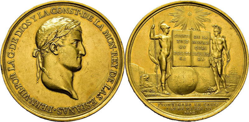 FERNANDO VII. Medalla de oro. Constitución de Cádiz. 1812. Sagau. Busto laureado...
