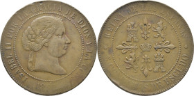 ISABEL II. 5 céntimos de escudo. Madrid. 1865. Prueba no adoptada. Rarísima