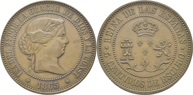 ISABEL II. 5 céntimos de escudo. Madrid. 1865. Prueba no adoptada. Cy no cita. C...