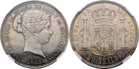 ISABEL II. 20 reales. Madrid. 1855. Prueba. PROOF SC-/SC. Extraordinaria. Rarísima. Solo conocemos otro ejemplar