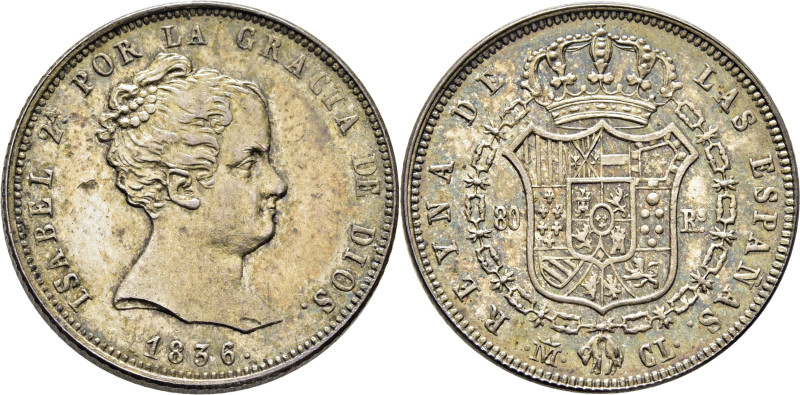 ISABEL II. 80 reales. Madrid. 1836. CL. Prueba en plata con anverso común y reve...