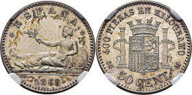 GOBIERNO PROVISIONAL. 50 céntimos. Madrid. 1869*18-69. SNM. PROOF FDC. Excepcional. Soberbia acuñación. Extraordinaria