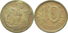 II REPÚBLICA. Madrid. 10 céntimos. 1937 sobre 1928. Prueba. SC. Tono. Rarísima