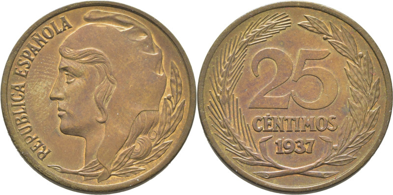 II República. 25 céntimos. Madrid. 1937. Prueba de la serie de 5 céntimos de 193...