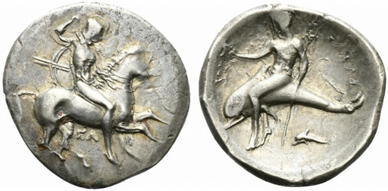 Southern Apulia, Tarentum, c. 332-302 BC. AR Nomos (24mm, 6.10g, 3h). Horseman r...