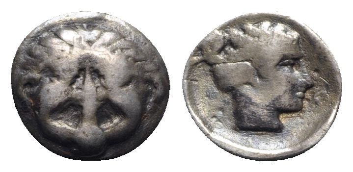 Macedon, Neapolis, c. 375-350 BC. AR Hemidrachm (14mm, 1.52g, 5h). Facing gorgon...