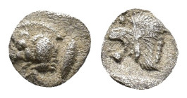 Mysia, Cyzicus, c. 450-400 BC. AR Hemiobol (7,31 mm, 0,32 g). Forepart of boar l.; tunny to r. R/ Head of lion l.; in l. field star; all within incuse...