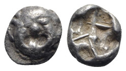 Mysia, Parion, 5th century BC. AR Drachm (14mm, 3.82g). Gorgoneion facing with protruding tongue. R/ Incuse punch of rough cruciform design. SNG BnF 1...
