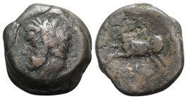 Kings of Numidia, Massinissa or Micipsa (203-148 BC or 148-118 BC). Æ (29mm, 22.74g, 12h). Laureate head l. R/ Horse galloping l, below punic letters....