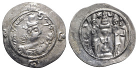 Sasanian Kings of Persia. Khusrau I (531-579). AR Drachm (32mm, 3.90g, 9h). BN (uncertain city in Kirman). Crowned bust r. R/ Fire altar flanked by at...