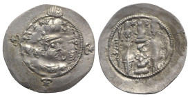 Sasanian Kings of Persia, Khusrau II (590-628). AR Drachm (32mm, 4.25g, 3h). BN ? (uncertain city in Kirman), year 10. Crowned bust r. R/ Fire altar f...
