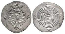 Sasanian Kings of Persia. Khusrau II (590-628). AR Drachm (32.5mm, 4.04g, 3h). BYSh (Bishapur). Crowned bust r. R/ Fire altar flanked by attendants. G...