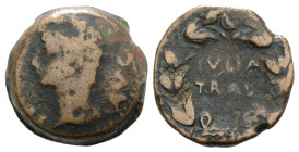 Spain, Julia Traducta. Augustus (27 BC-AD 14). Æ As (25mm, 11.97g, 9h). Bare head l. R/ IVLIA/TRAD in two lines within wreath. RPC I 108. Brown patina...