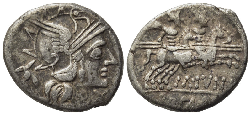 M. Junius Silanus, Rome, 145 BC. AR Denarius (19mm, 3.82g). Helmeted head of Rom...