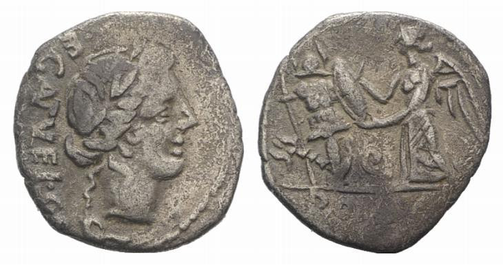 C. Egnatuleius C.f. 97 BC. AR Quinarius (16mm, 1.60 g, 6h). Rome mint. Laureate ...