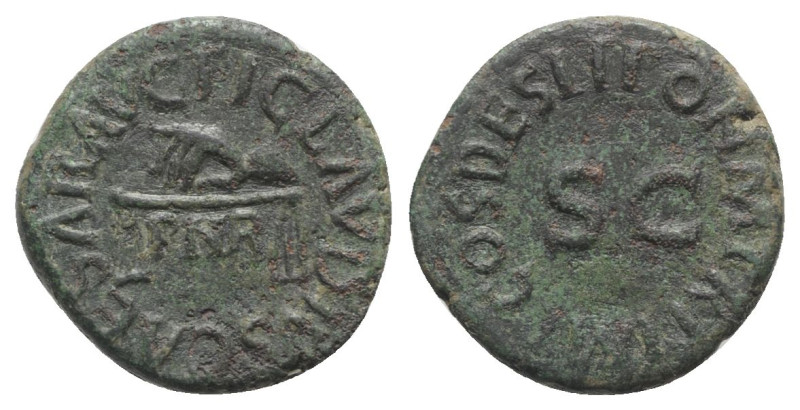 Claudius (41-54). Æ Quadrans (17mm, 3.08g, 6h). Rome, AD 42. Hand l., holding sc...