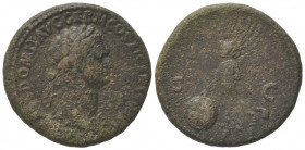 Domitian (81-96). Æ As (27mm, 10.91g). Rome, AD 85. Laureate bust r., wearing aegis. R/ Victory advancing l., holding round shield inscribed S P/Q R. ...