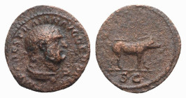 Trajan (98-117). Æ Quadrans (14.5mm, 2.24g, 6h). Rome, c. 98-102. Diademed bust of Hercules r., wearing lion skin. R/ Boar walking r. RIC II 702. Near...