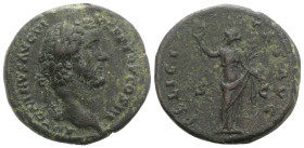 Antoninus Pius (138-161). Æ As (28mm, 12.14g, 6h). Rome, 140-4. Laureate head r. R/ Felicitas standing l., holding caduceus and branch. RIC III 679. G...