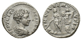 Geta (Caesar, 198-209). AR Denarius (17,61 mm, 3,09 g). Rome. Bare head and draped bust r. R/ Geta standing l., holding baton and scepter; trophy to r...