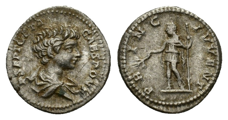 Geta (Caesar, 198-209). AR Denarius (17,77 mm, 3,30 g). Rome. RIC 15b. Very fine...