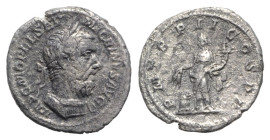 Macrinus (217-218). AR Denarius (20mm, 1.83g, 6h). Rome, AD 218. Laureate and cuirassed bust r. R/ Annona standing l., holding cornucopia and grain ea...