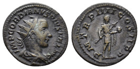 Gordian III (238-244). AR Denarius (20,77 mm, 4,14 g). Rome, AD 241. Laureate, draped and cuirassed bust r. R/ Emperor, in military attire, standing r...