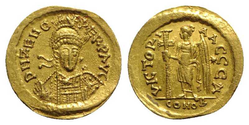 Zeno (476-491). AV Solidus (20.5mm, 4.43g, 6h). Constantinople. Diademed, helmet...