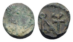 Anastasius I (491-518). Æ Nummus (9mm, 0.54g, 6h). Constantinople, 491-498. Diademed, draped and cuirassed bust r. R/ Monogram of Anastasius. MIBE 40;...