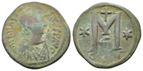Justin I (518-527). Æ 40 Nummi (33,65 mm, 18,48 g). Constantinople, AD 518-527. Sear 62. Good fine.