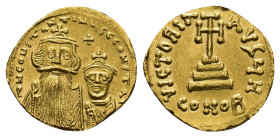 Constans II with Costantinus IV (641-668). AV Solidus (19,73 mm, 4,34 g). Constantinople, AD 654-659. Sear 959. Good very fine.