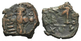 Constans II (641-668). Æ 40 Nummi (18mm, 2.93g, 6h). Constantinople, RY 15 (655/6). Constans standing facing, holding long cross and globus cruciger. ...