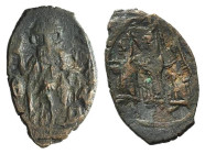 Constans II (641-668). Æ 40 Nummi (25mm, 3.61g, 6h). Constantinople. Constans standing facing, holding long cross. R/ Constantine IV, Heraclius and Ti...
