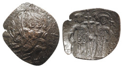 Latin Empire of Constantinople, 1204-1261. Æ Trachy (25mm, 1.57g, 6h). Thessalonica. Christ Pantokrator seated facing on throne, raising hand in bened...