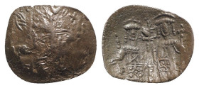 Latin Empire of Constantinople, 1204-1261. Æ Trachy (17mm, 0.77g, 6h). Thessalonica. Christ Pantokrator seated facing on throne, raising hand in bened...