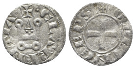 Principality of Achaea. Guillaume II de Villehardouin (1246-1278). BI Denier (17.5mm, 0.85g, 5h). Corinth. Cross pattée. R/ Chateau tournois. Metcalf,...